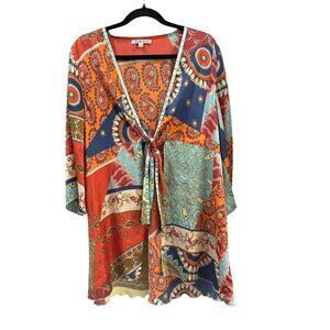 Cabi Paisley Patchwork Tie Front Satin Kimono Cardigan Large 914 Multicolor Boho